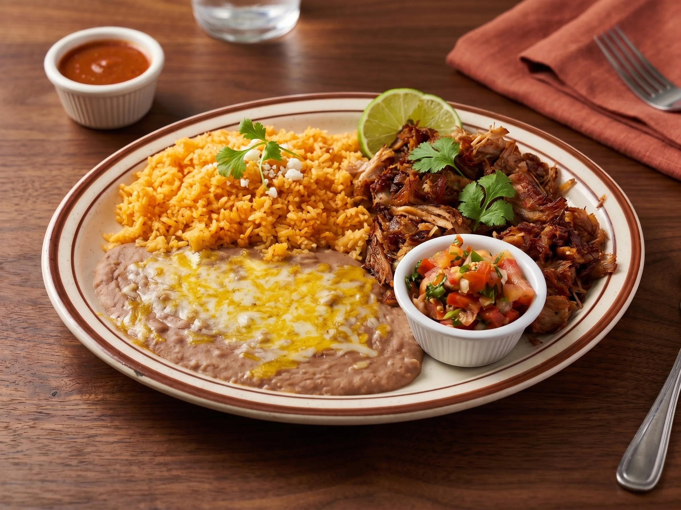Plate of Mexican food with orange rice, shredded beef, refried beans topped with cheese, small cup of salsa, slice of lime, and small bowl of pico de gallo on wooden table with fork and napkin.