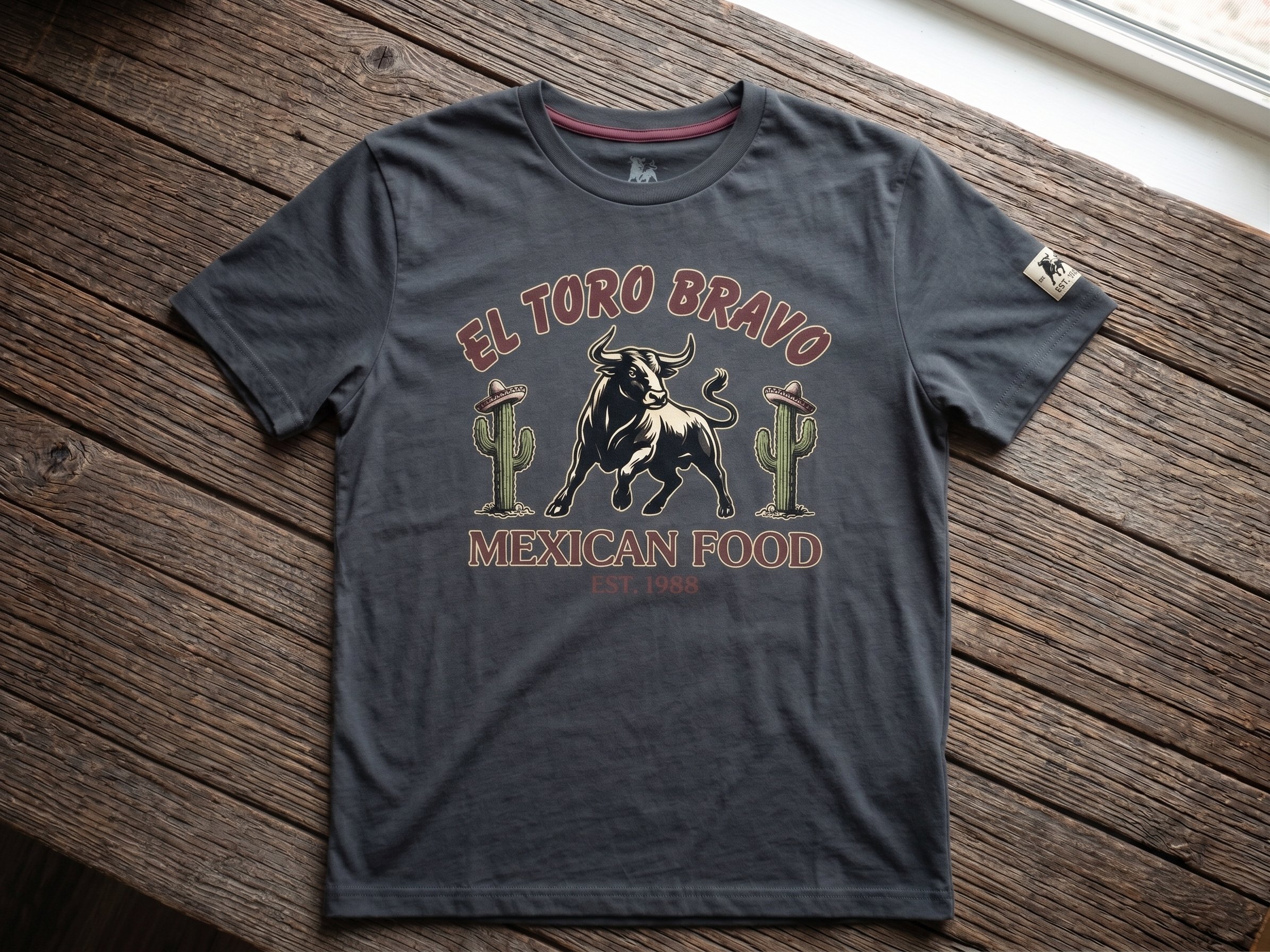Gray T-shirt featuring a stylized bull, cacti, and the text 'El Toro Bravo' and 'Mexican Food', lying on a wooden surface near a window.