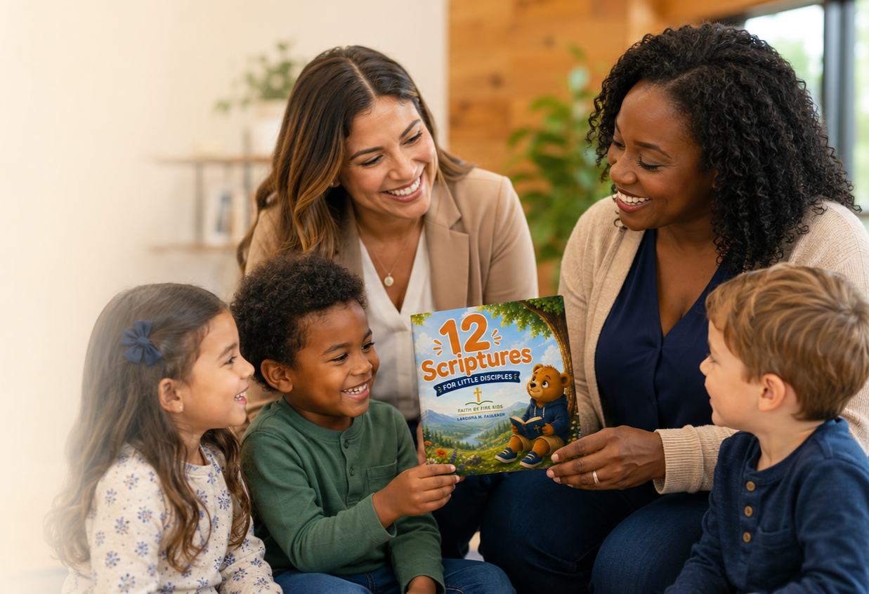 Two women and three children sitting together, with one woman holding a children's book titled '12 Scriptures for Little Disciples'. The group is smiling and appears to be enjoying a storytime or learning session.
