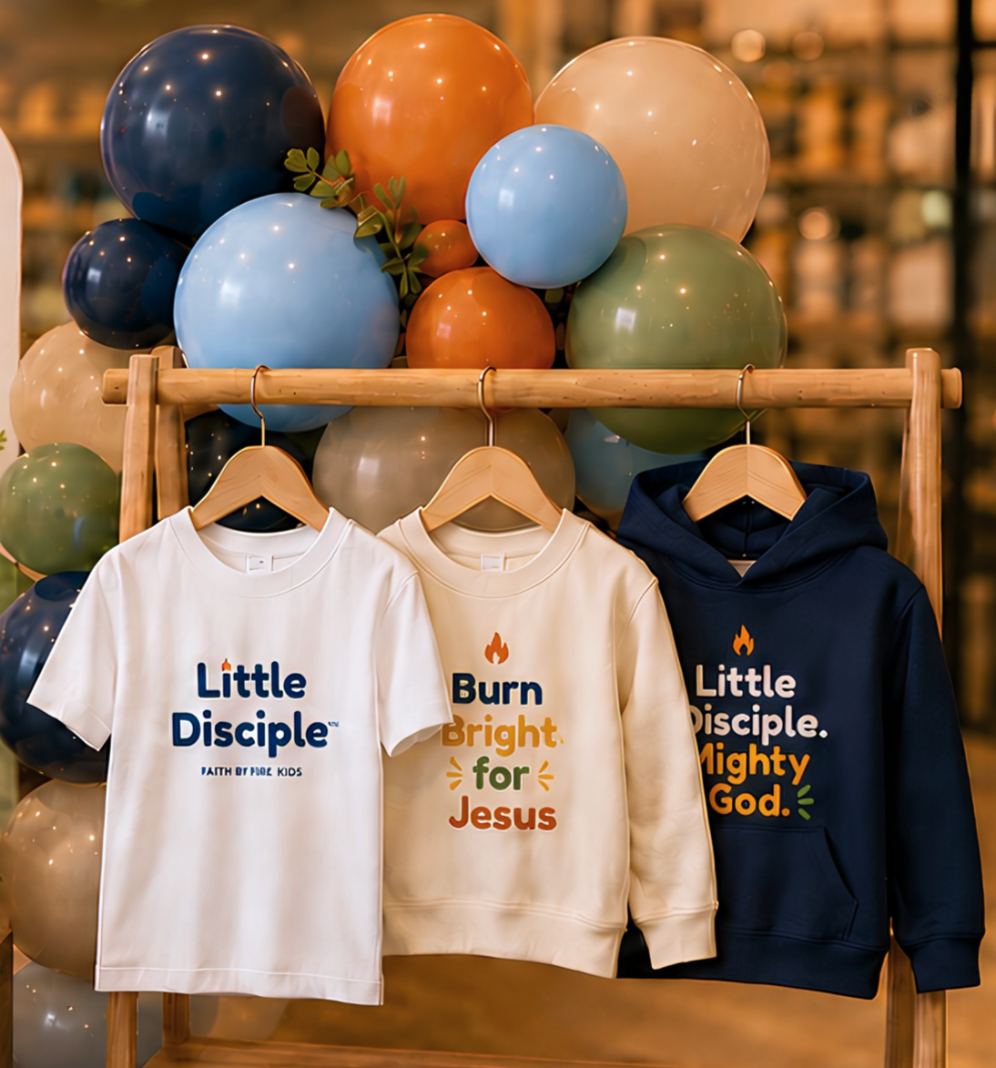 Display of three children's sweatshirts hanging on wooden hangers with colorful balloons in the background. The sweatshirts have religious messages: "Little Disciple" on the white sweatshirt, "Burn Bright for Jesus" on the cream sweatshirt, and "Little Disciple. Mighty God." on the navy hoodie.