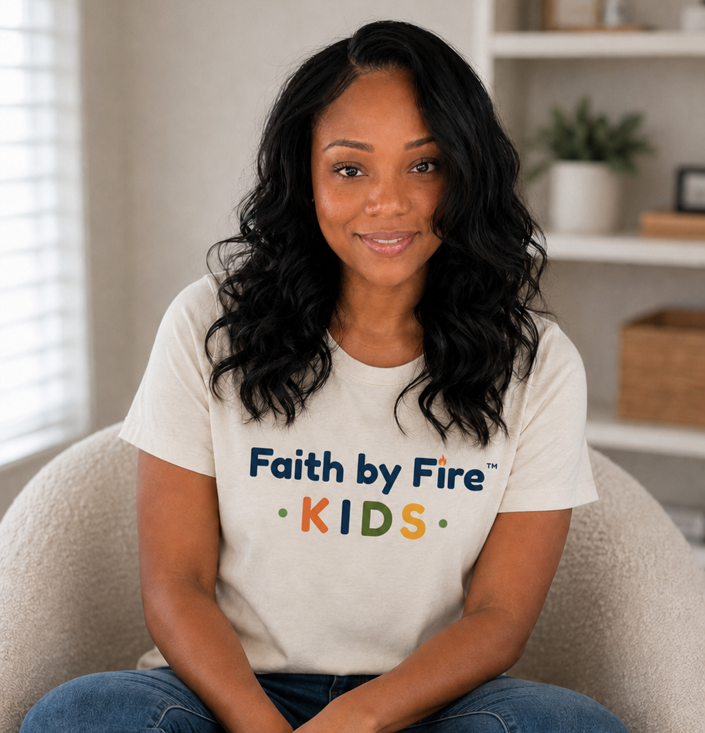 A woman with long, curly black hair and a light beige t-shirt with colorful text, sitting on a beige armchair in a cozy room with white shelves and a plant in the background.