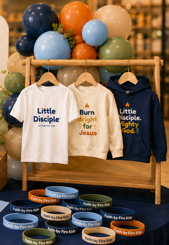 Display of children's religious clothing with three shirts on hangers and multiple silicone wristbands beneath, set against a backdrop of colorful balloons.