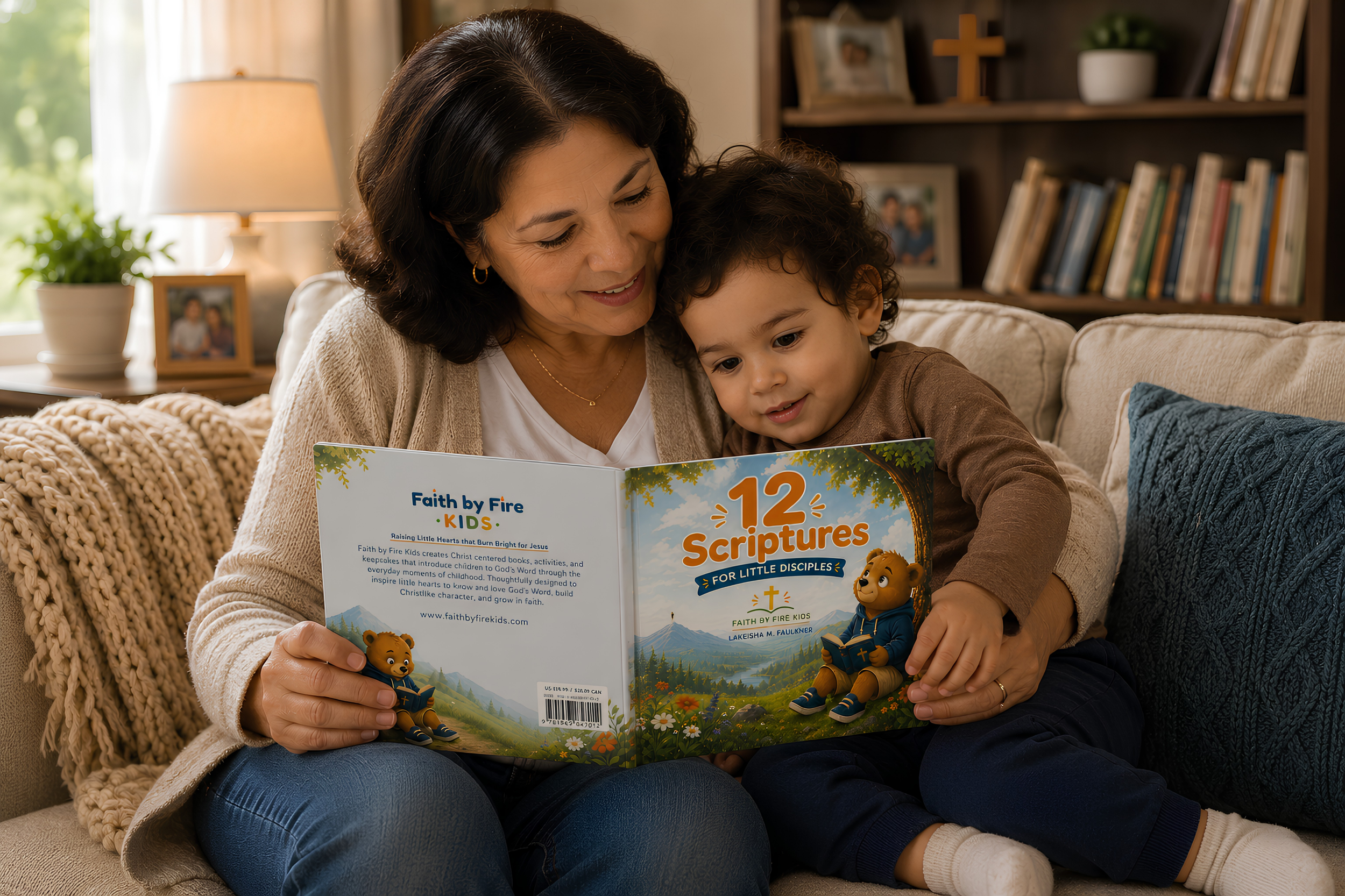 A grandmother and young child reading 12 Scriptures for Little Disciples together