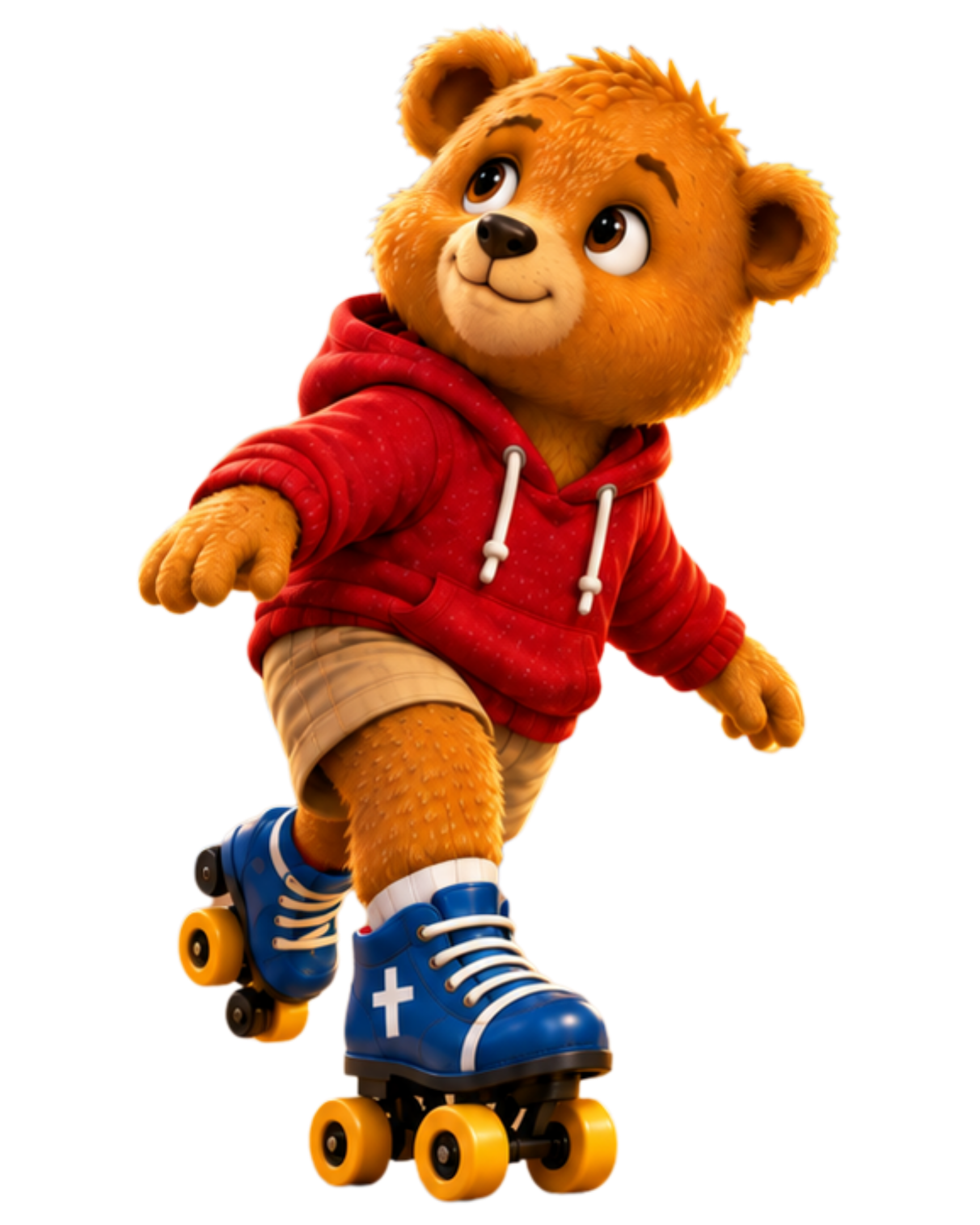 Theo the bear skating in a red hoodie and blue roller skates.