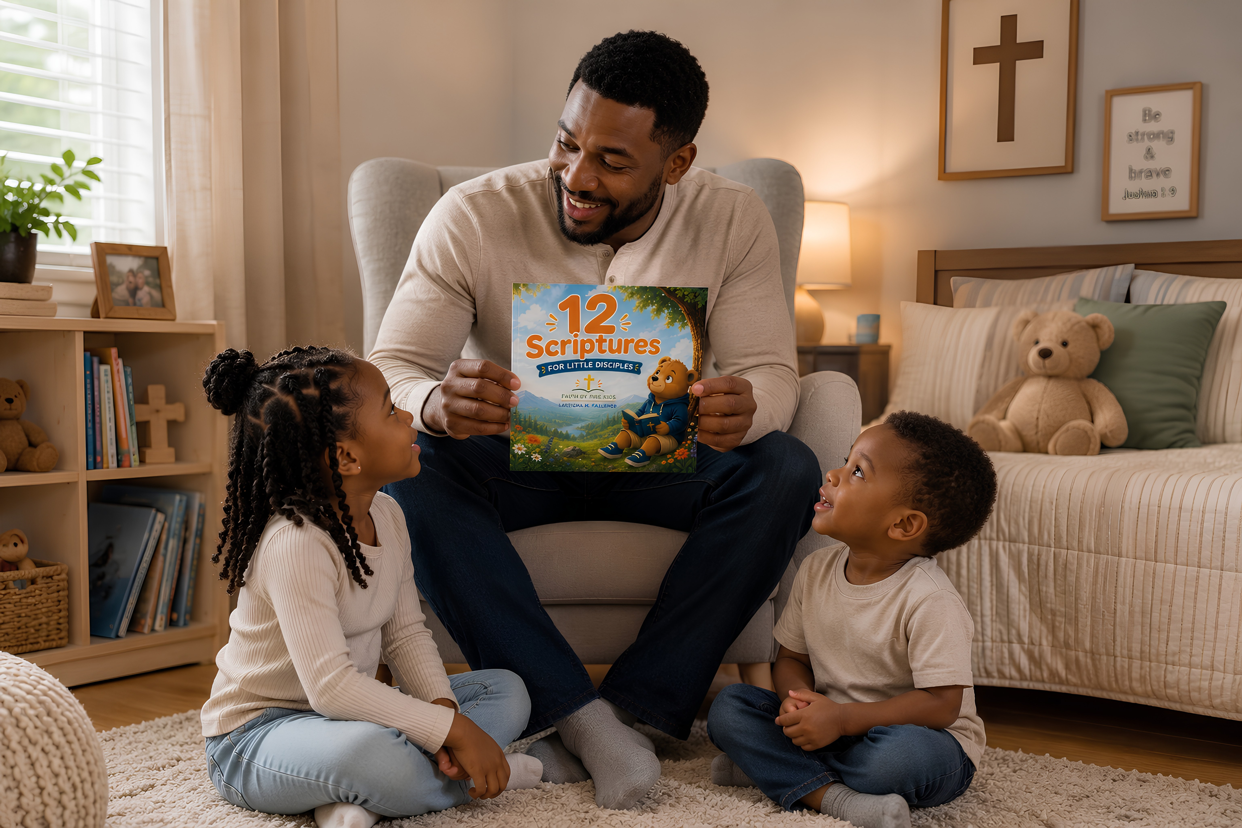 A man sitting on a beige armchair reading a children's Bible titled '12 Scriptures for Little Disciples' to three young children in a cozy, well-lit room with a bookshelf, teddy bears, and framed wall art.