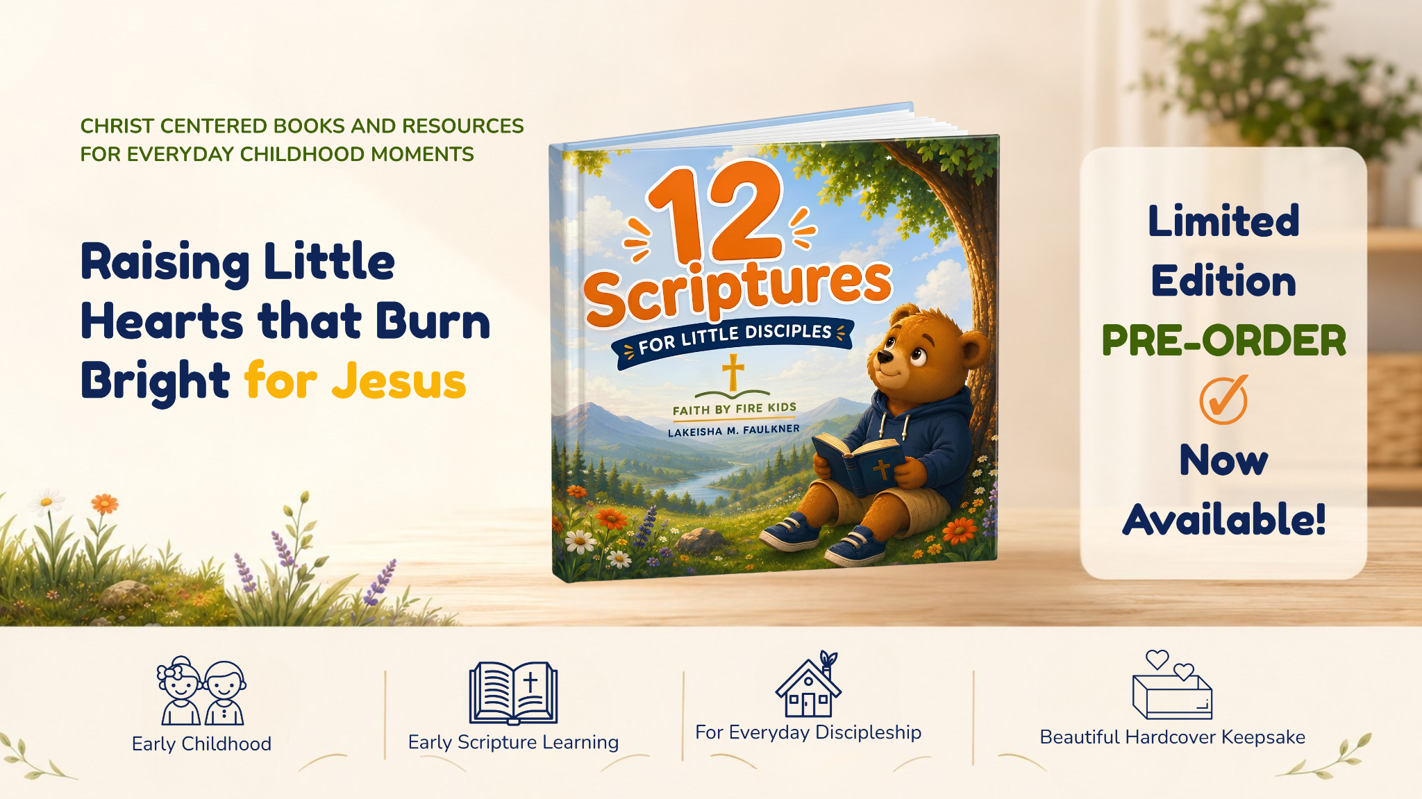 Promotional image of a children's Bible Bible titled '12 Scriptures for Little Disciples' with a cute bear cub holding a Bible in a scenic outdoor background, and text promoting pre-order now available.
