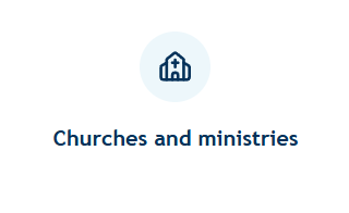 Icon of a church building with a cross, labeled 'Churches and ministries'