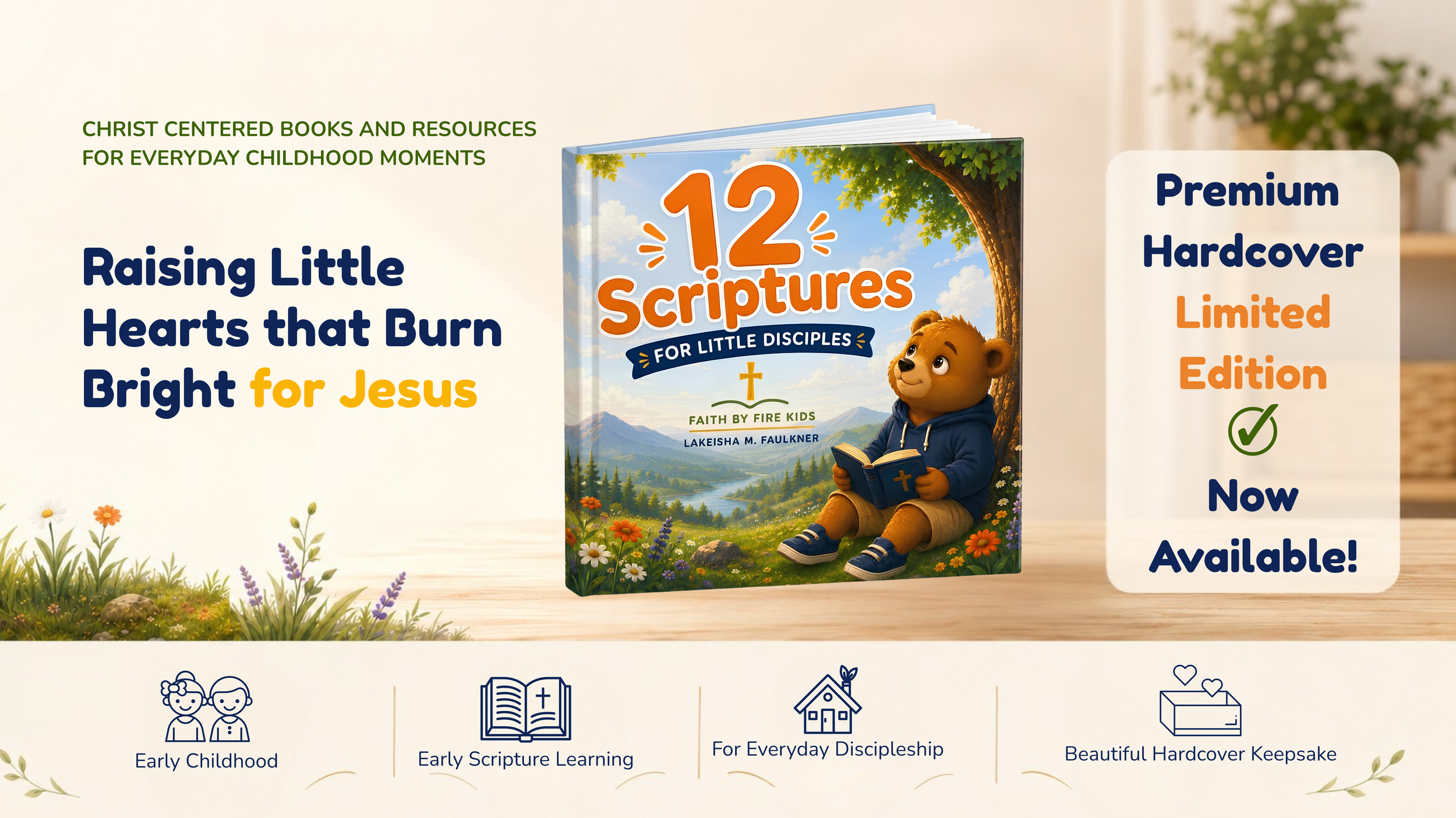 Cover of a children's religious book titled "12 Scriptures for Little Disciples" featuring a bear cub reading a book under a tree in a mountain landscape.