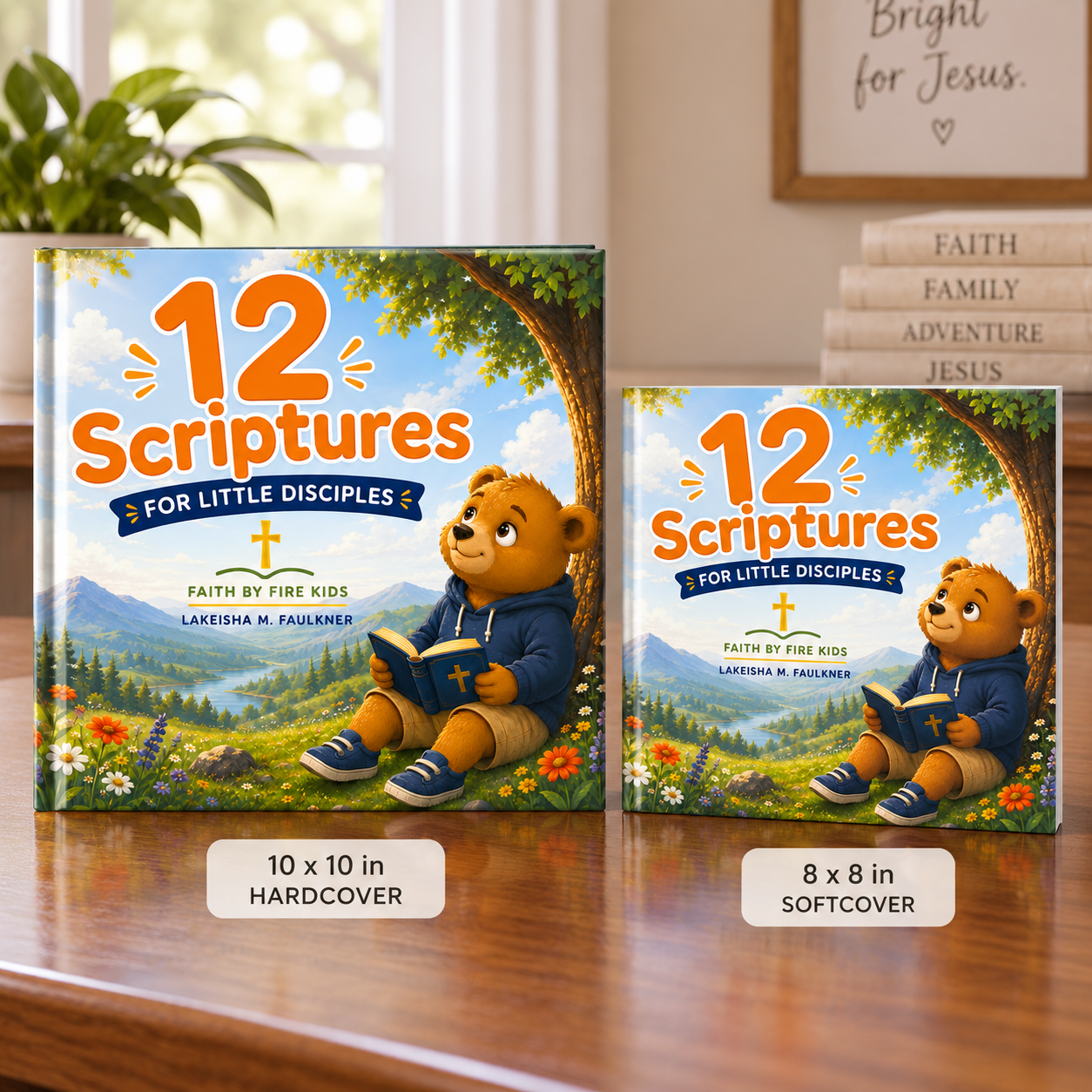 Two children's books titled '12 Scriptures for Little Disciples' by Lakeisha M. Faulkner, with one hardcover and one softcover, both featuring an illustrated bear sitting under a tree on a nature landscape background.