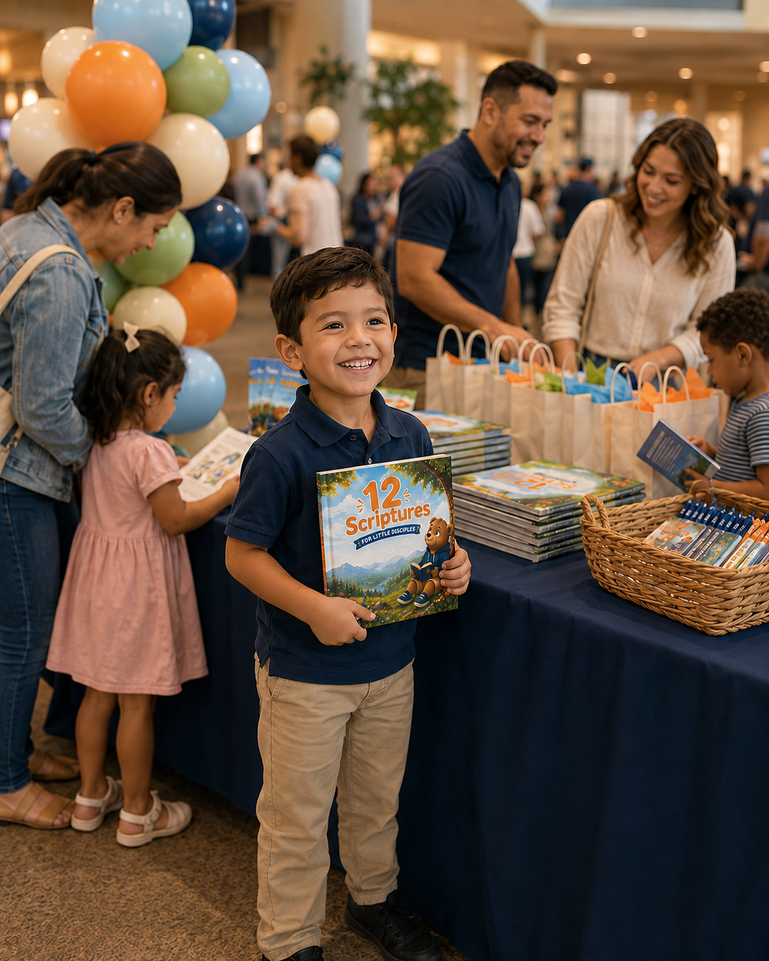 A young boy with dark hair and a blue shirt holding a colorful book titled '12 Scriptures for Little Disciples' smiling at a crowded indoor event with tables filled with books and gift bags, surrounded by other children and adults.