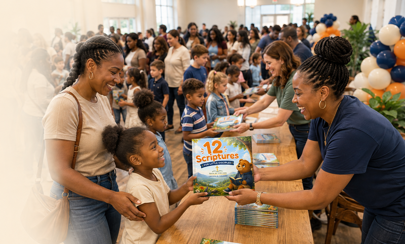 Children and adults at a book distribution event, with a young girl receiving a book titled '12 Scriptures for Little Disciples' from a woman, in a brightly lit room decorated with balloons.