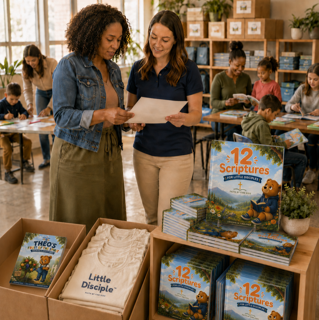 Two women in a classroom or church setting, one with curly hair and a denim jacket, the other with straighten hair and a navy polo, look at a piece of paper together. In the background, children are seated at tables reading or writing. A display table in the foreground shows children's books titled '12 Scriptures for Little Disciples', a box of t-shirts with the 'Little Disciples' logo, and a framed hardcover book titled 'Theo's Fruit of the Spirit'.