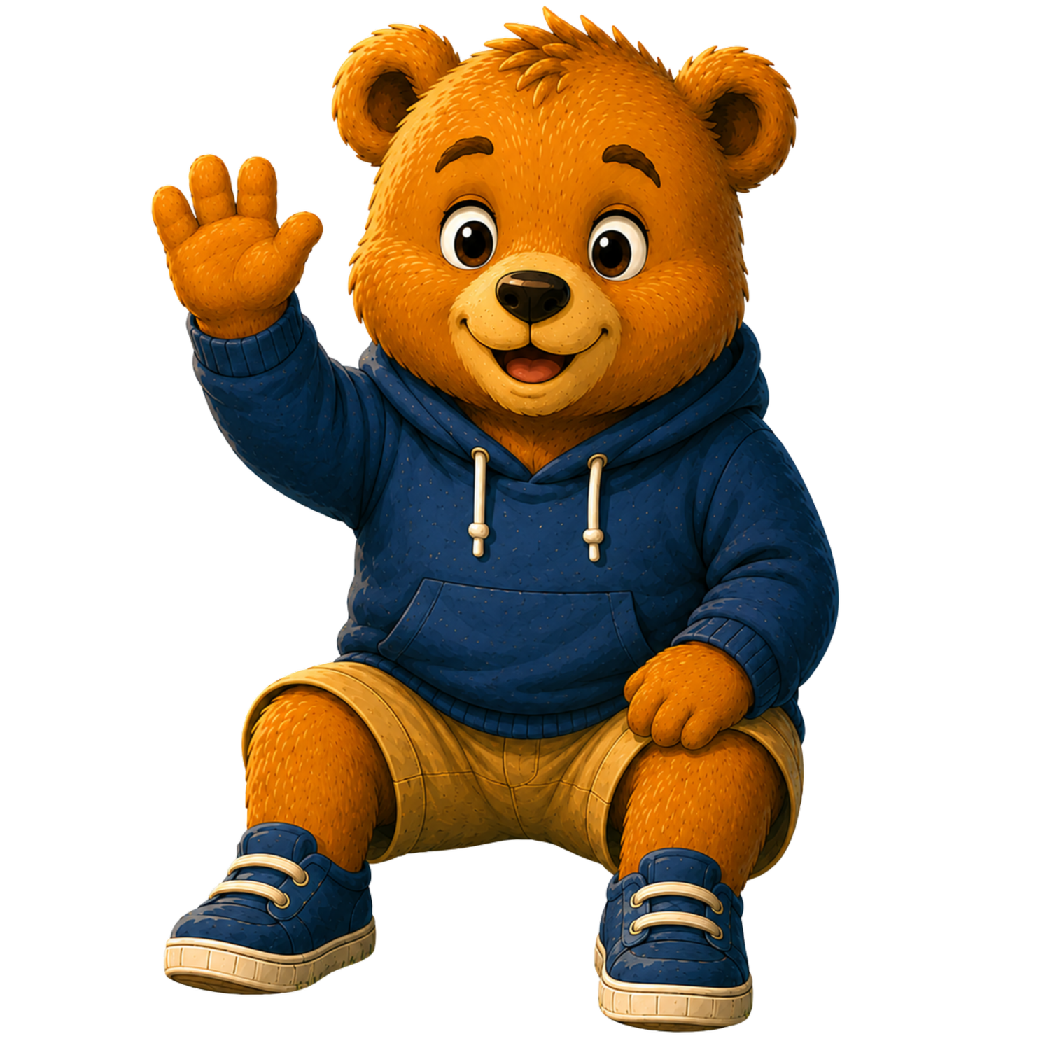 Theo, the Faith by Fire Kids bear mascot, waving