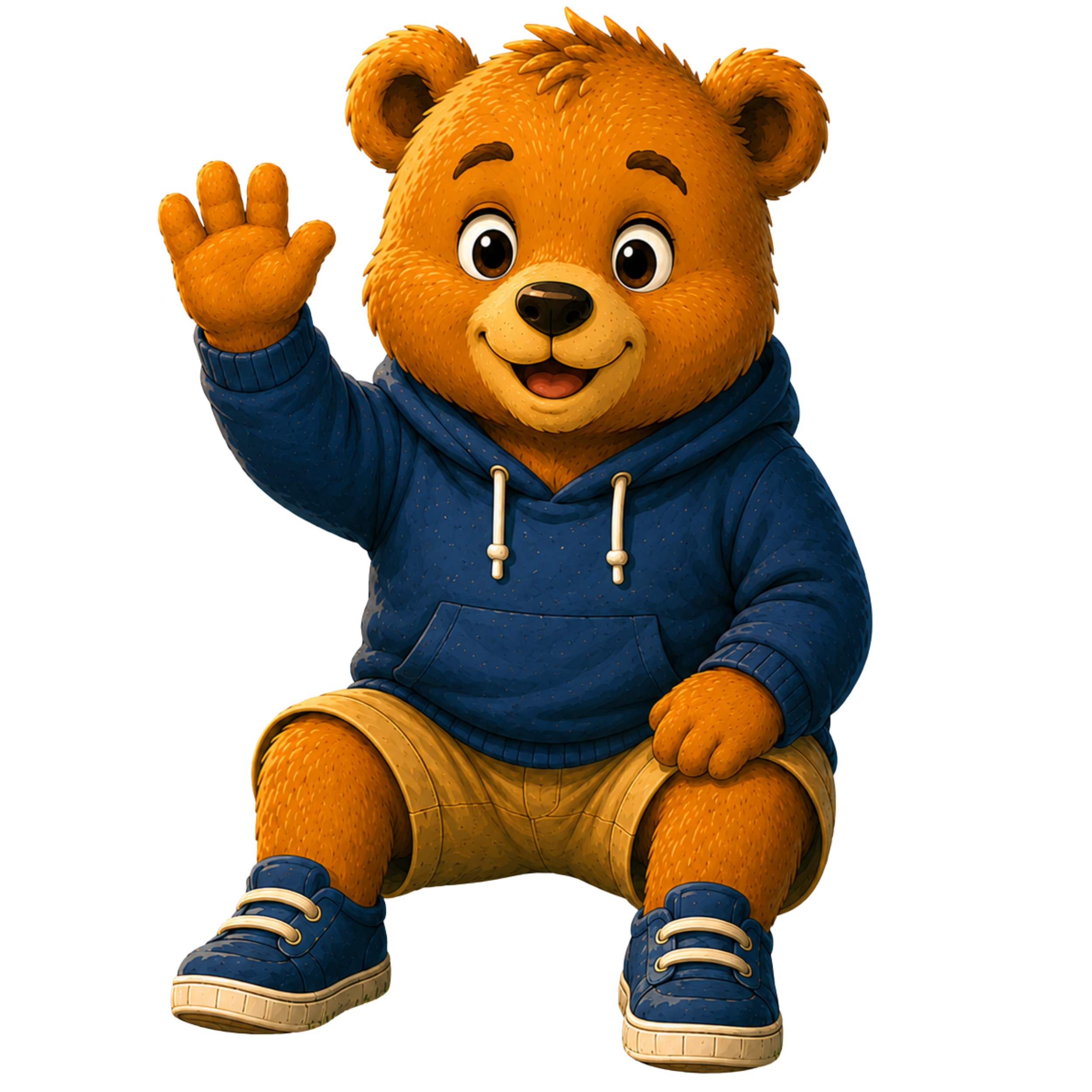 A cartoon bear character wearing a blue hoodie and sneakers, sitting down, waving with a friendly expression.