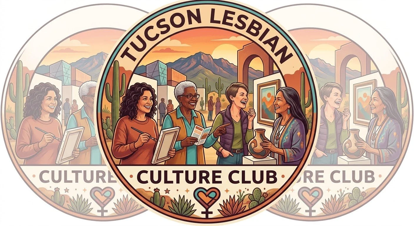 Illustration of diverse women at a culture club, engaging in art and conversation, with desert landscape and mountains in the background, cactus plants, and art exhibits in a warm sunset setting.
