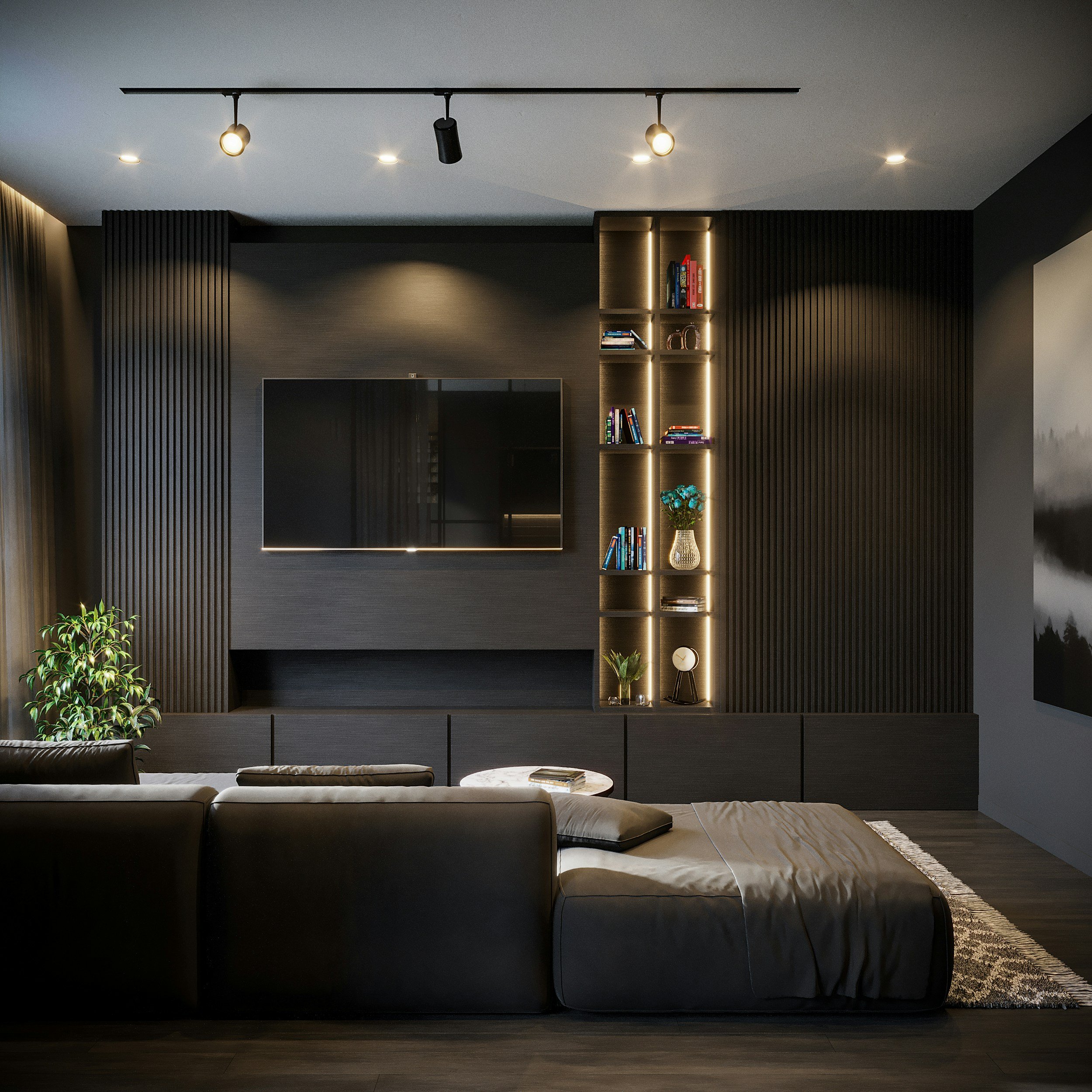 Modern living room with black wall, built-in dark wood bookshelf illuminated with LED lights, flat-screen TV, beige sofa, coffee table with books, plants, and a patterned rug.