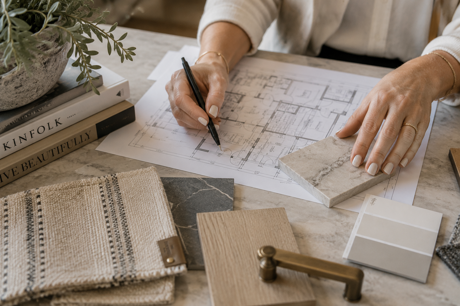 Interior designer reviewing architectural plans, tile samples, and design materials during the planning process.