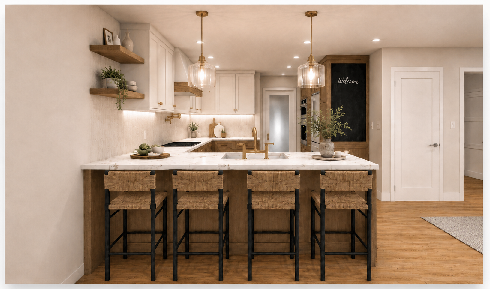 Modern kitchen with white and wood cabinetry, quartz penninsula with gold fixtures, wooden bar stools, and decorative plants and dishes in Leawood, Kansas
