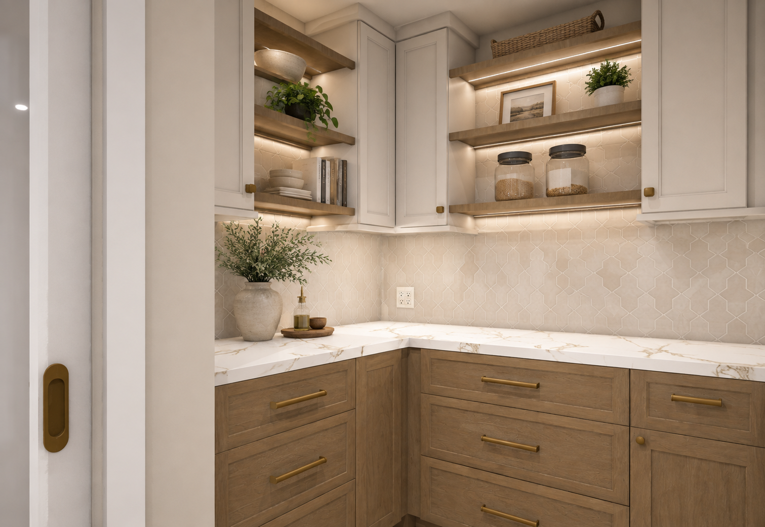 A kitchen corner with white upper cabinets and light wood lower cabinets, marble countertop, beige patterned backsplash, open shelves with decorative items and jars, a potted plant, and under-shelf lighting.