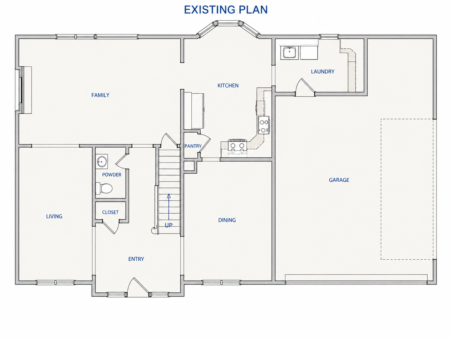 Existing floor plan before renovation showing the original Leawood kitchen, small pantry, laundry room, dining room, powder room, and adjoining family room.