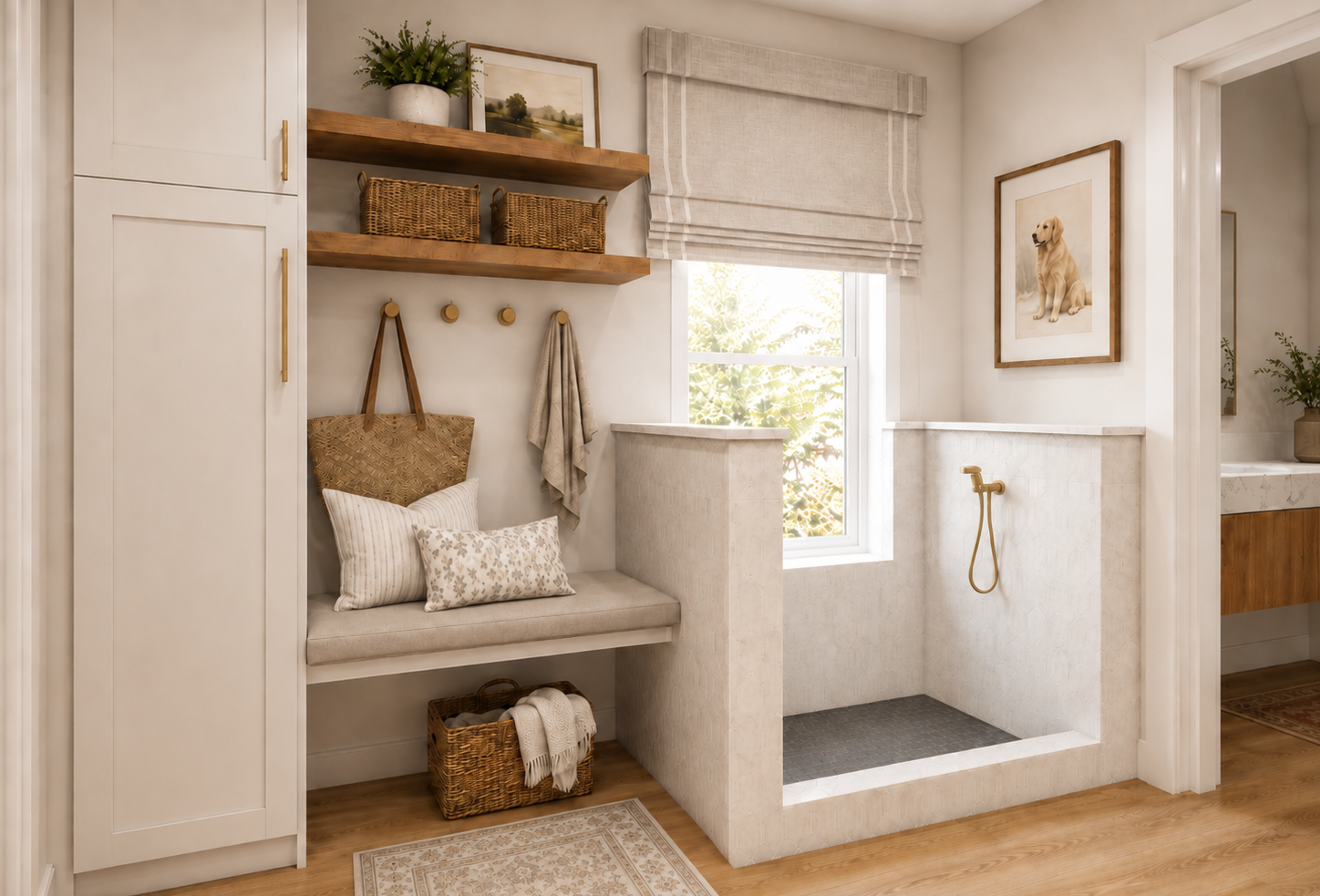 A bathroom with a built-in seating area, window, and walking shower with brass fixtures. Decor includes framed dog artwork, woven baskets, and linen towels.