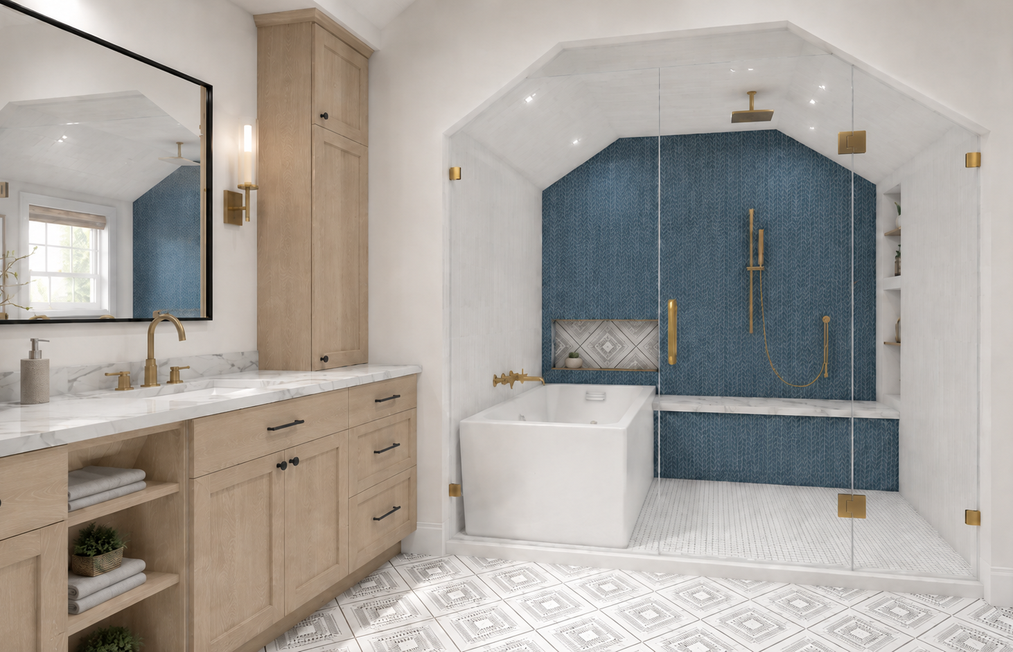Primary bathroom with light wood vanity, quartz countertop, brass fixtures, and glass-enclosed shower with blue feature tile.