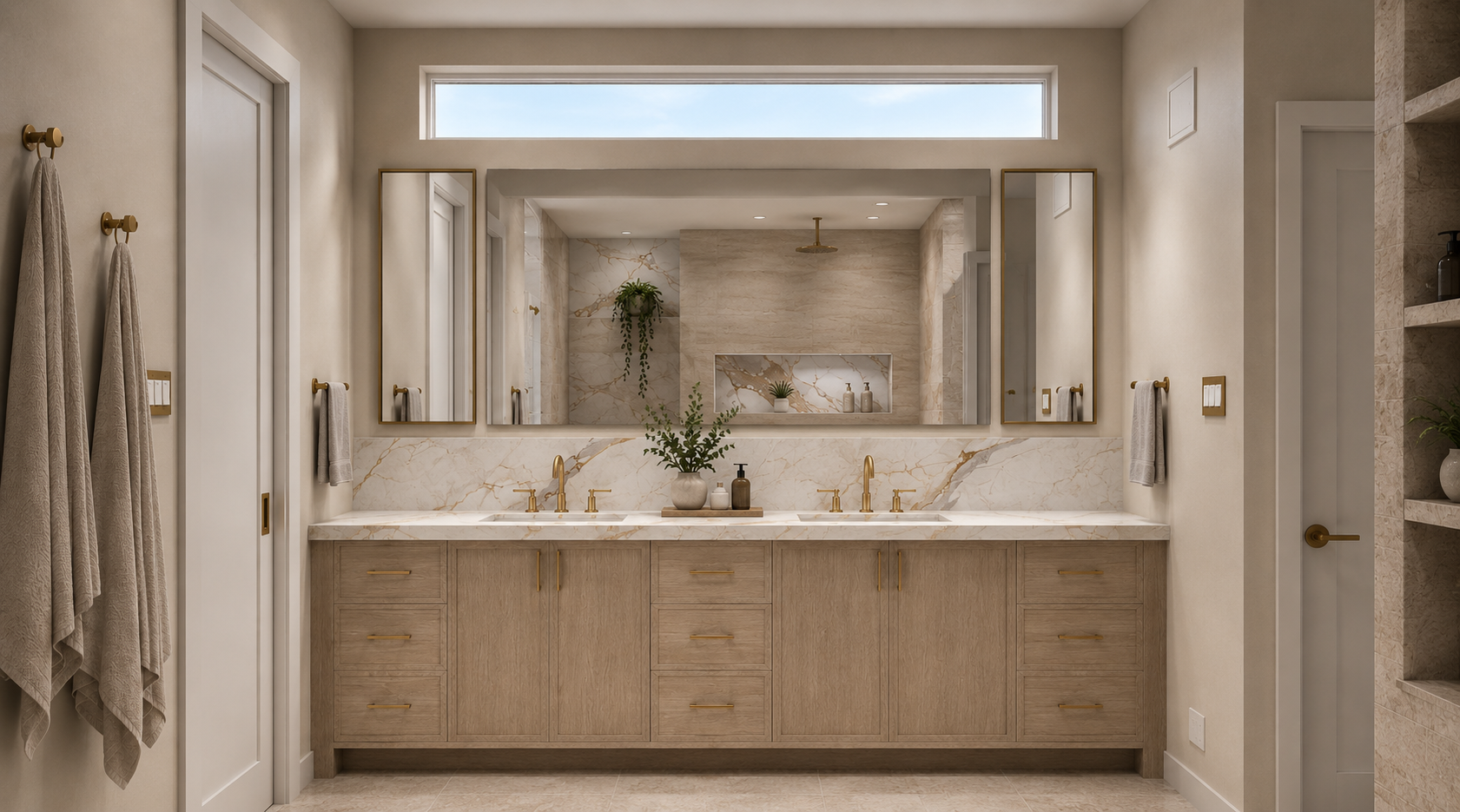 Reimagined primary bathroom in Lionsgate, Overland Park, with light quarter-sawn white oak cabinetry, veined stone, brass fixtures, and a large walk-in shower with soaker tub.