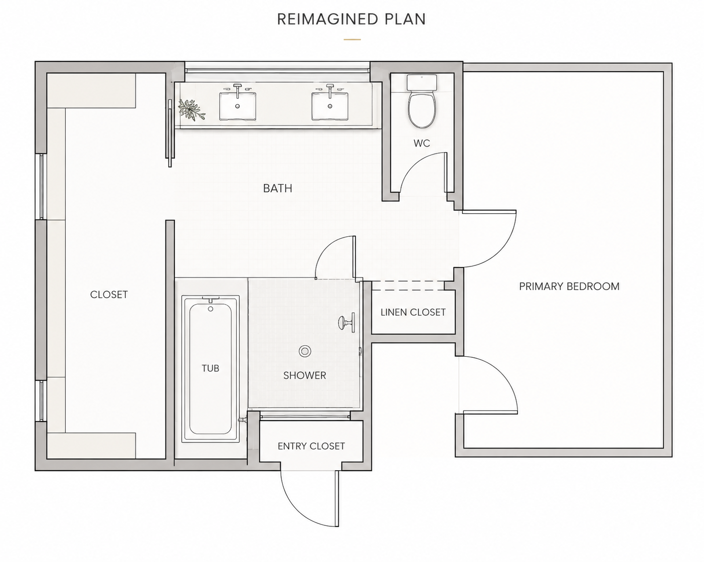 Reimagined primary bath floor plan for a Lionsgate home in Overland Park, showing a larger closet, combined tub and shower enclosure, double vanity, water closet, linen storage, and improved circulation.
