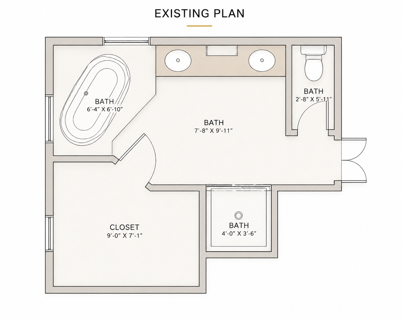 Existing primary bath floor plan in Lionsgate, Overland Park, before renovation, with a smaller closet, separate tub and shower areas, and the original bathroom layout.