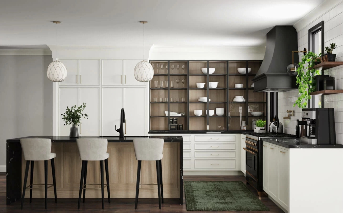 Modern two toned kitchen with white cabinets, black countertops, clear glass upper cabinets, black range oven, black range hood, two pendant lights, a white oak kitchen island with counterstools.