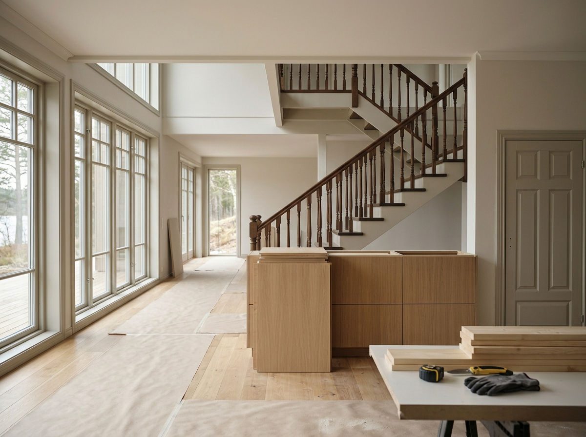 Interior of a house under construction featuring large windows, a wooden staircase with handrails, and a workbench with tools and wooden planks.