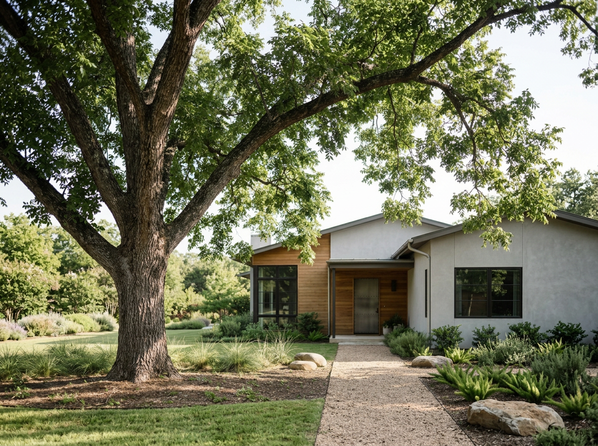 Front yard of a modern house with a large tree, garden, and a stone pathway leading to the front door