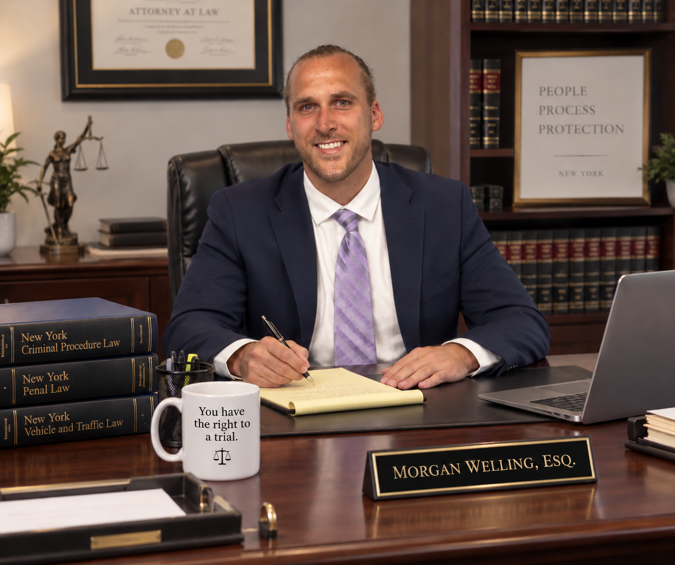 New York Criminal Defense Attorney Morgan Welling Seated at Legal Desk with a Mug Stating 'You Have the Right to a Trial'
