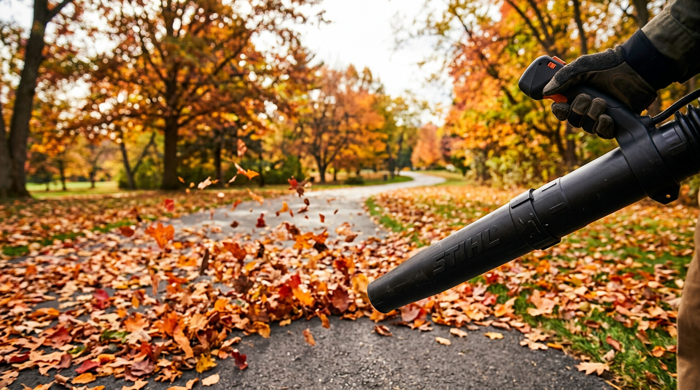 Leaves blown with leaf blower