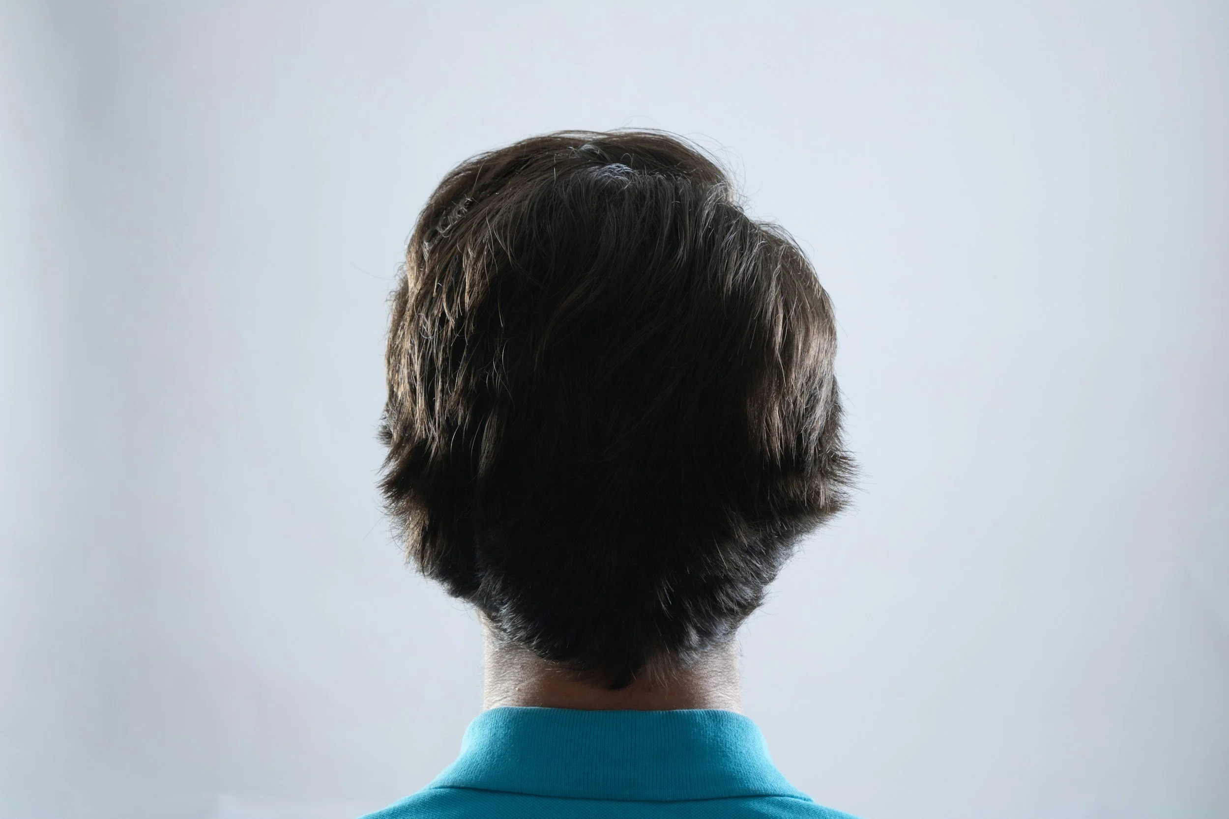 Back of a person's head with brown hair in a buzz cut, wearing a light blue shirt.