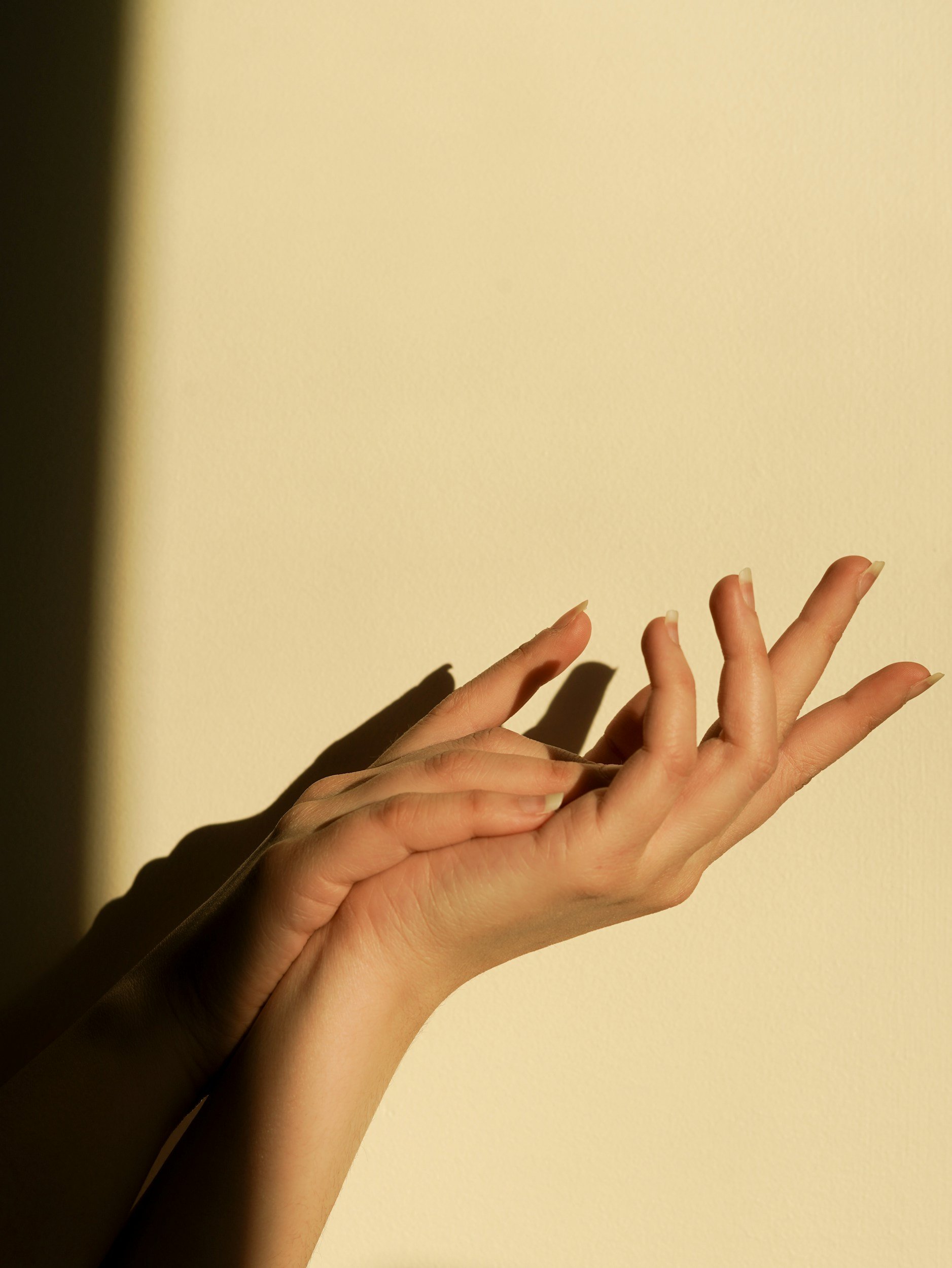 Multiple hands with different skin tones reaching toward a light-colored wall, casting shadows.