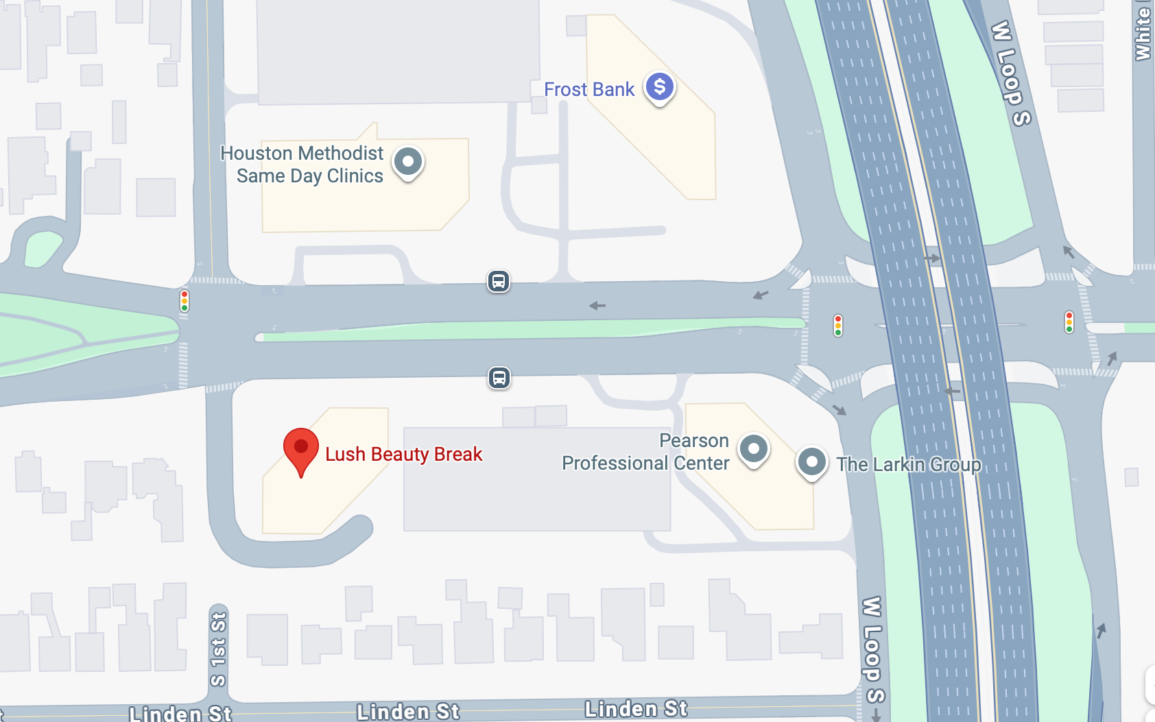 Map showing locations of businesses including Lush Beauty Break by 610 IH and Bellaire Blvd street.