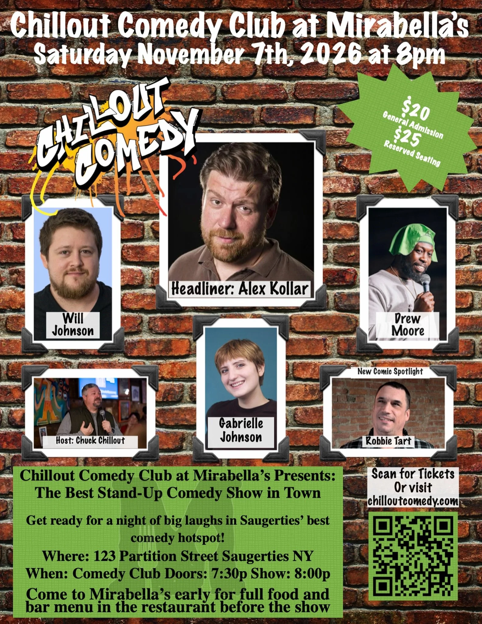 Saturday 11/7 at the Chillout Comedy Club at Mirabella&rsquo;s in Saugerties. Every show has sold out.  Buy early. Don&rsquo;t miss this lineup. Tickets at chilloutcomedy.com #comedy #standup #livecomedy #hudsonvalley #saugerties