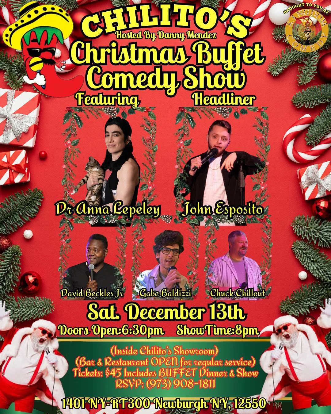 A colorful Christmas-themed poster advertising Chilito's Christmas Buffet Comedy Show, hosted by Danny Mendez, featuring Dr. Anna Lepley as the headliner, along with performers John Esposito, David Beckles Jr, Gabe Baldizzi, and Chuck Chillout. The e