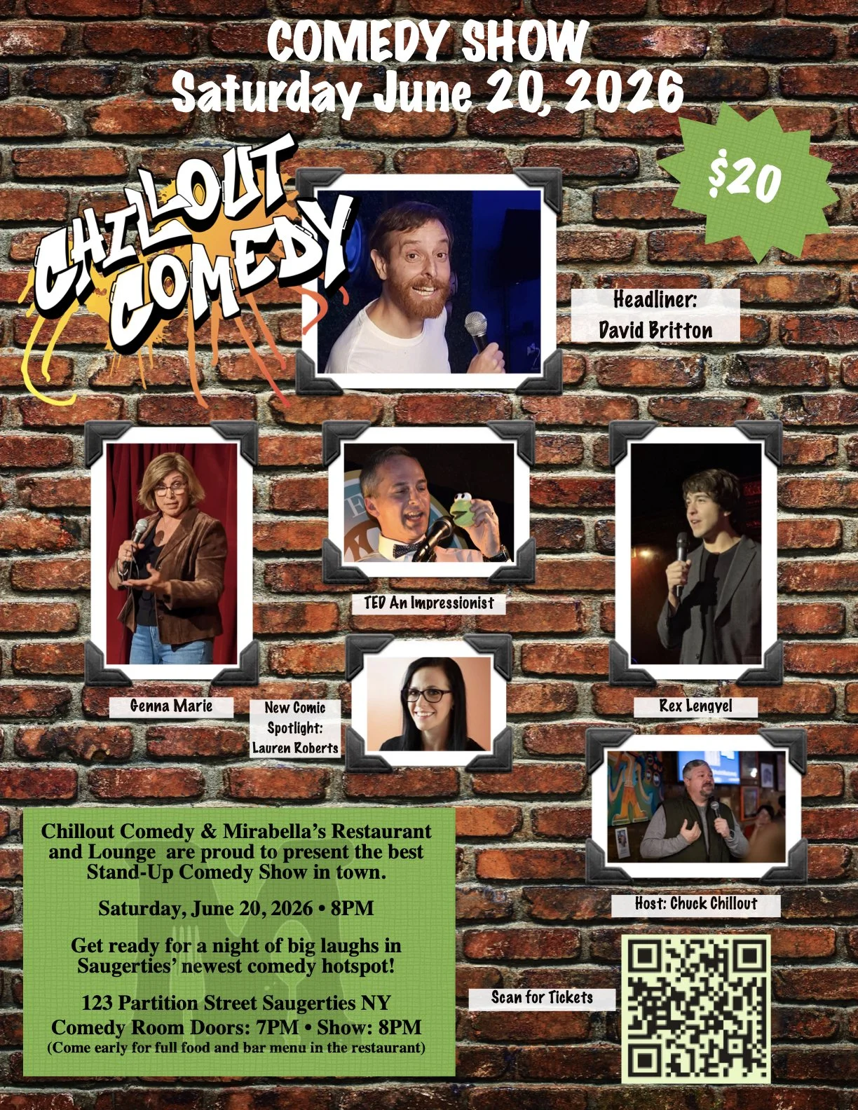 A poster advertising a stand-up comedy show on June 20, 2026, at Mirabella's Restaurant and Lounge in Saugerties, NY, featuring headliner David Britton, with photos of comedians Genna Marie, Lauren Roberts, Rex Lengyel, host Chuck Chillout, and Ted, 