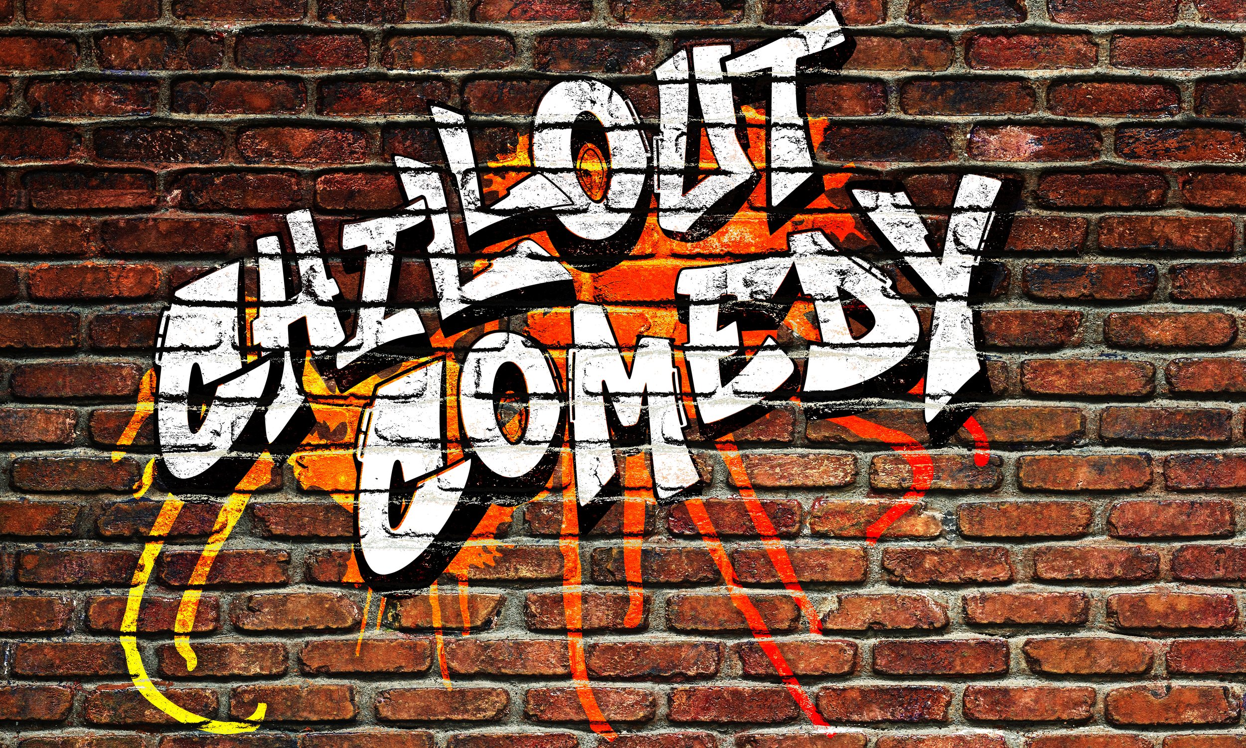 Graffiti art on a brick wall with the words "Love Your City" in bold white letters, over an orange flame background with yellow and red paint drips.