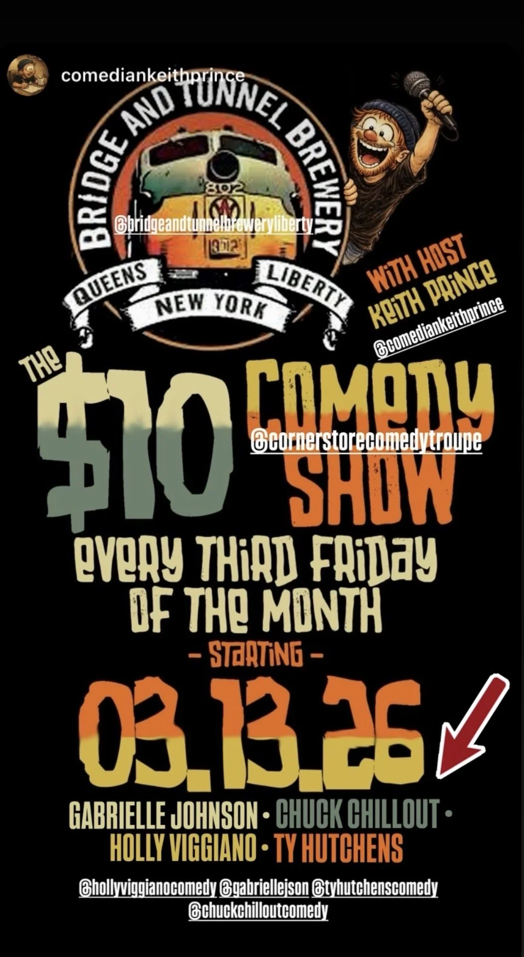 Flyer for comedy show at Bridge and Tunnel Brewery in Queens, New York, every third Friday of the month, starting March 13, 2025, featuring Gabrielle Johnson, Chuck Chillout, Holly Viggiano, and Ty Hutchens.