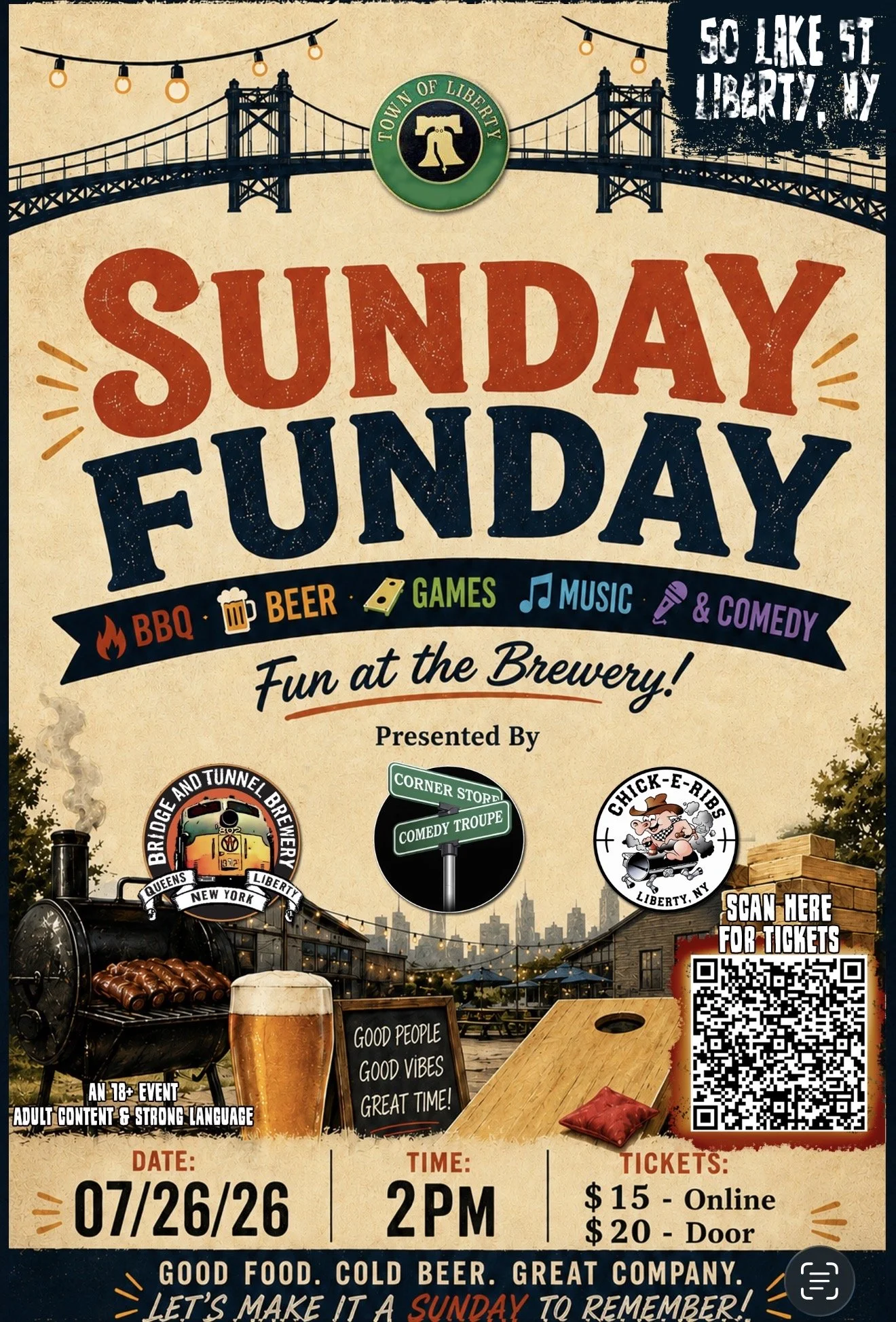 An event poster for a Sunday Funday at a brewery in Liberty, NY. Features a vintage design with a bridge illustration, string lights, and images of food and drinks. Highlights include activities like barbecue, beer, games, music, comedy, and fun at t