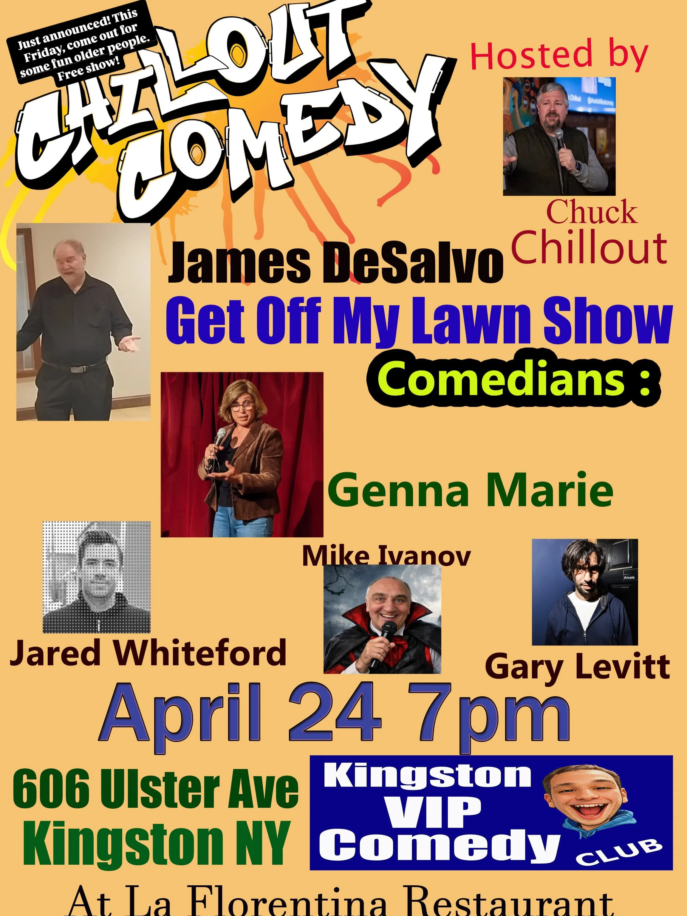 A colorful flyer for a comedy event with photos of comedians and event details including date, time, location, and host information.