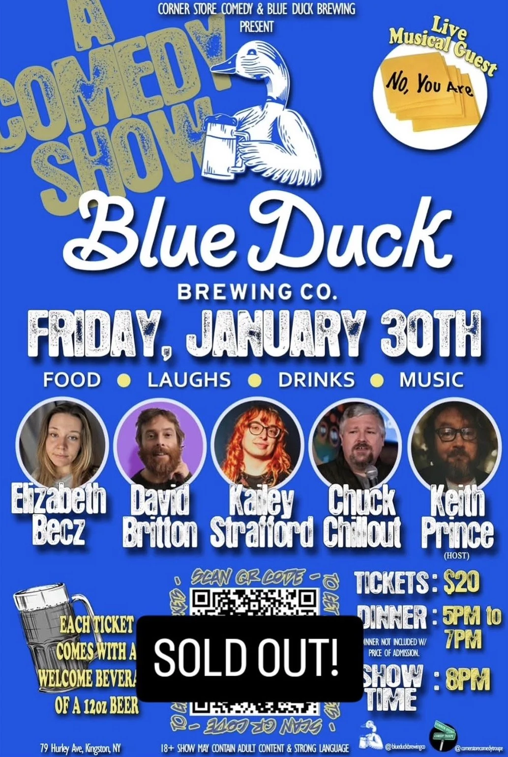 Event poster for Blue Duck Brewing Co.'s comedy show on Friday, January 30th, featuring live music, food, drinks, and comedy performances by Elizabeth Becz, David Britton, Kailey Strafford, Chuck Chillout, and Keith Prince. The poster indicates ticke