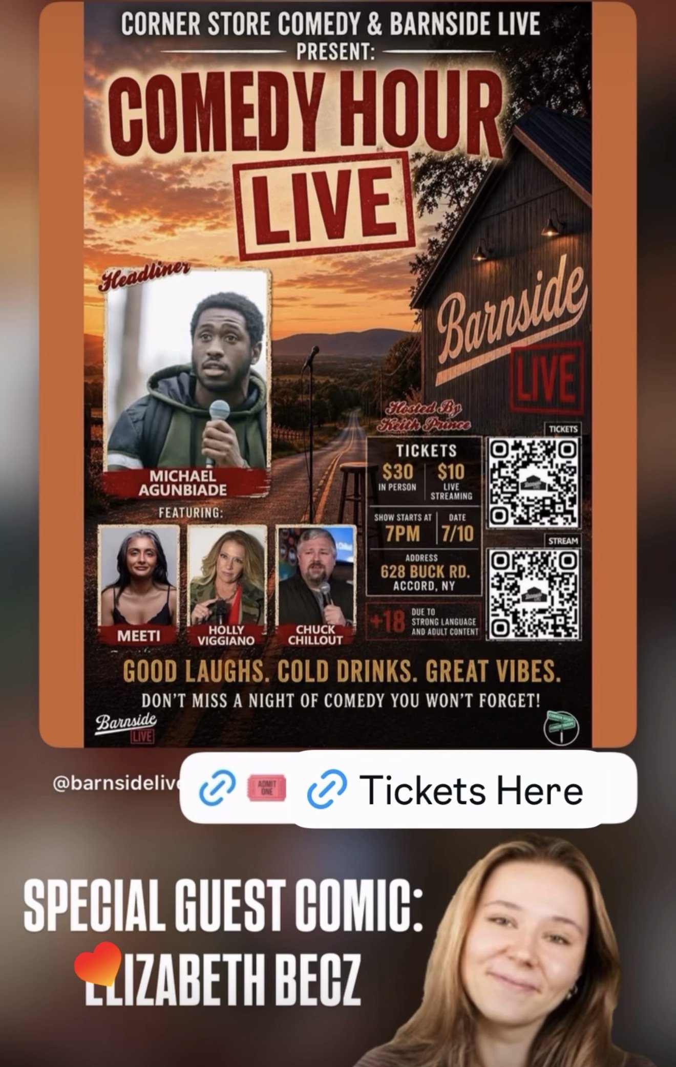Flyer for a comedy show at Barnside Live, featuring comedian Michael Agunbiade, with photos of three other performers: Meeti, Holly Viggiano, and Chuck Chillout. The event is on July 10th at 7 pm at 628 Buck Rd, Accord, NY, with tickets for $30 in pe
