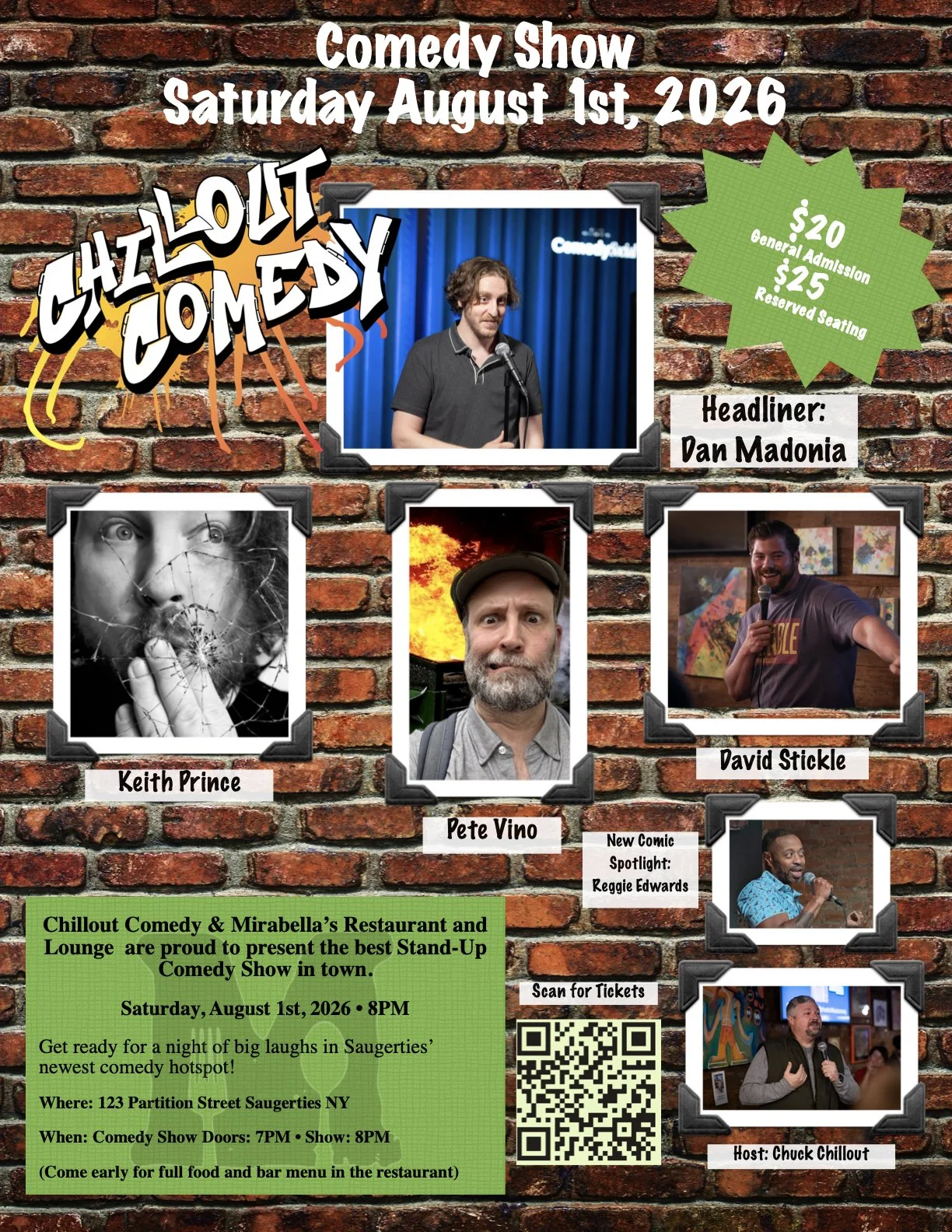 Event poster for a comedy show on Saturday, August 1, 2026. The poster features a brick wall background with pictures of comedians Keith Prince, Pete Vino, David Stickle, Reggie Edwards, and Chuck Chillout. Headliner is Dan Madonia. Ticket prices are