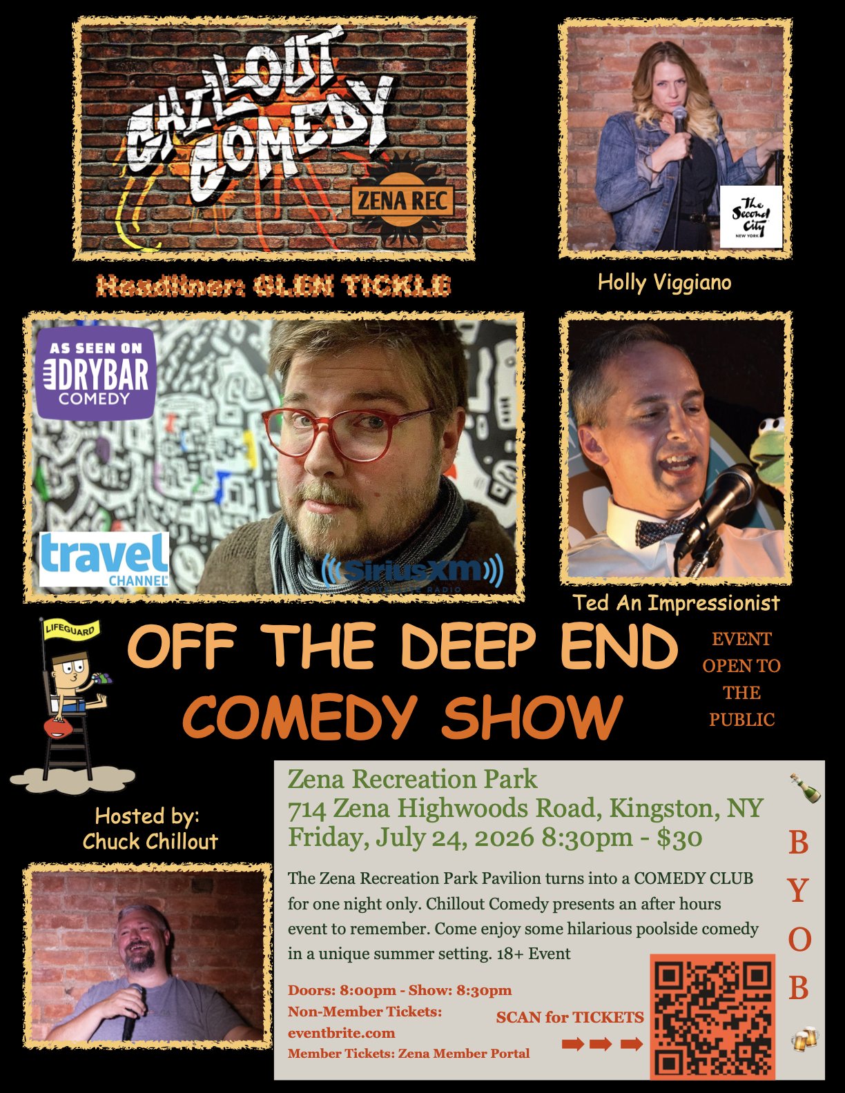 Event poster for 'Off the Deep End Comedy Show' at Zena Recreation Park, Kingston, NY, on July 24, 2026, at 8:30 pm. Features comedy performers Holly Viggiano, Ted An Impressionist, and hosted by Chuck Chillout. Includes pictures of performers, event
