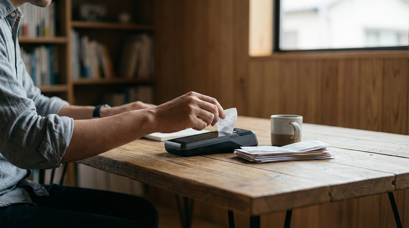 Person sitting at a wooden table using a receipt printer, with a stack of papers and a mug nearby, in a room with bookshelves and a large window.