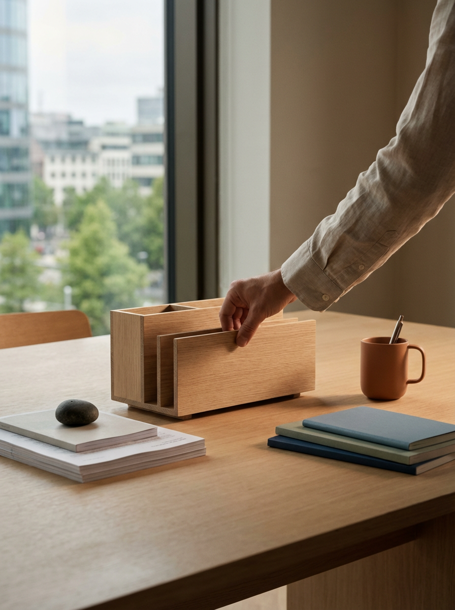 Person organizing wooden file divider on a desk near a large window with an urban cityscape view.